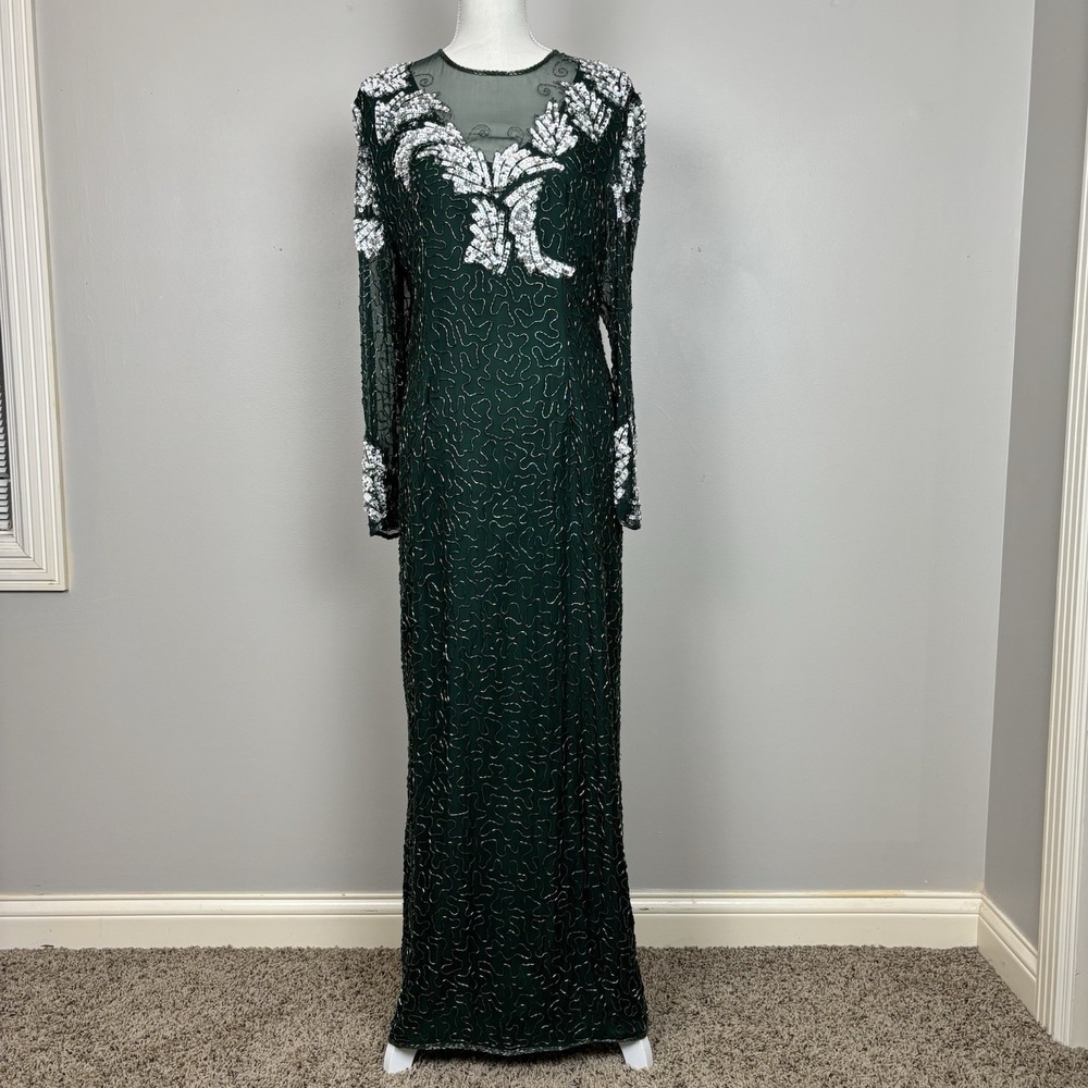 Vtg Scala Gown Large Green Silk Beaded Sequin Lined Gala Party Event‎ Glam Dress